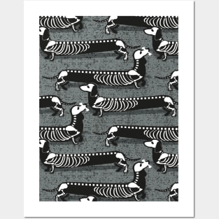 Spooktacular long dachshunds skeleton // pattern // green grey background skeleton dogs Posters and Art